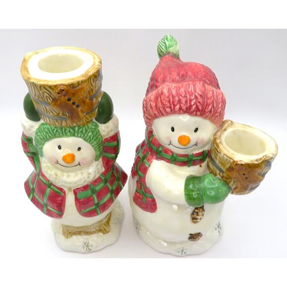 BICO Snowman Candleholder Set Christmas Ceramic Plaid Winter Decor 6 Inch Pair - Picture 9 of 12